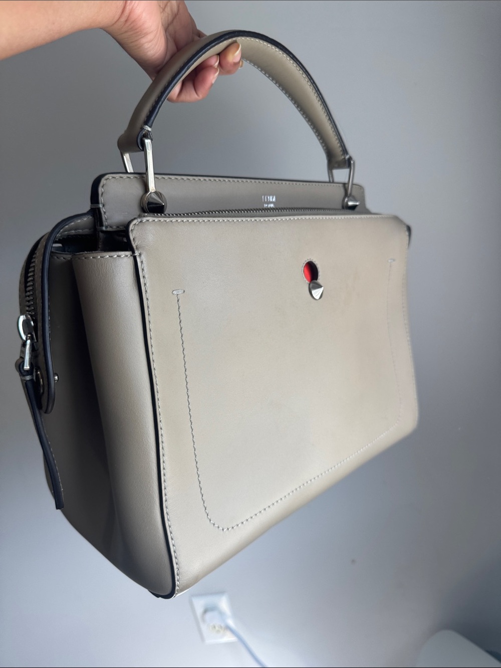 Fendi Taupe Leather Top-Handle Satchel with Red Accent Detail